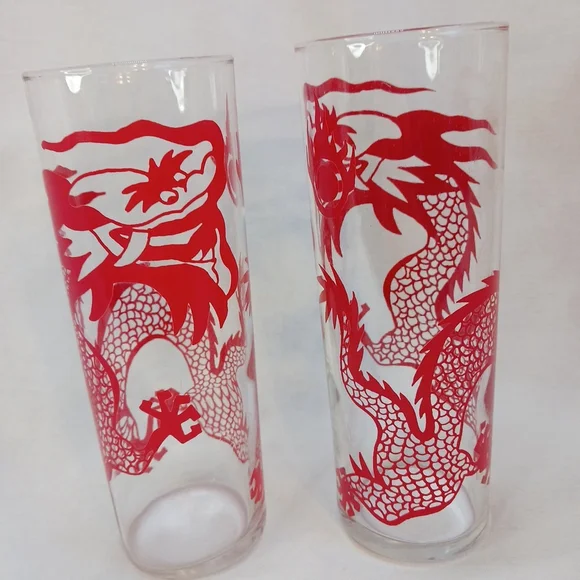 Vintage Red Dragon Tom Collins Glass Tumblers Set Of 2 - Picture 4 of 4